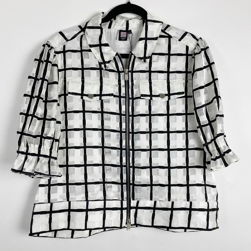 Lior Paris Windowpane Grid Zip Front Ruffle Cuff‎ Blouse Women Large White Black